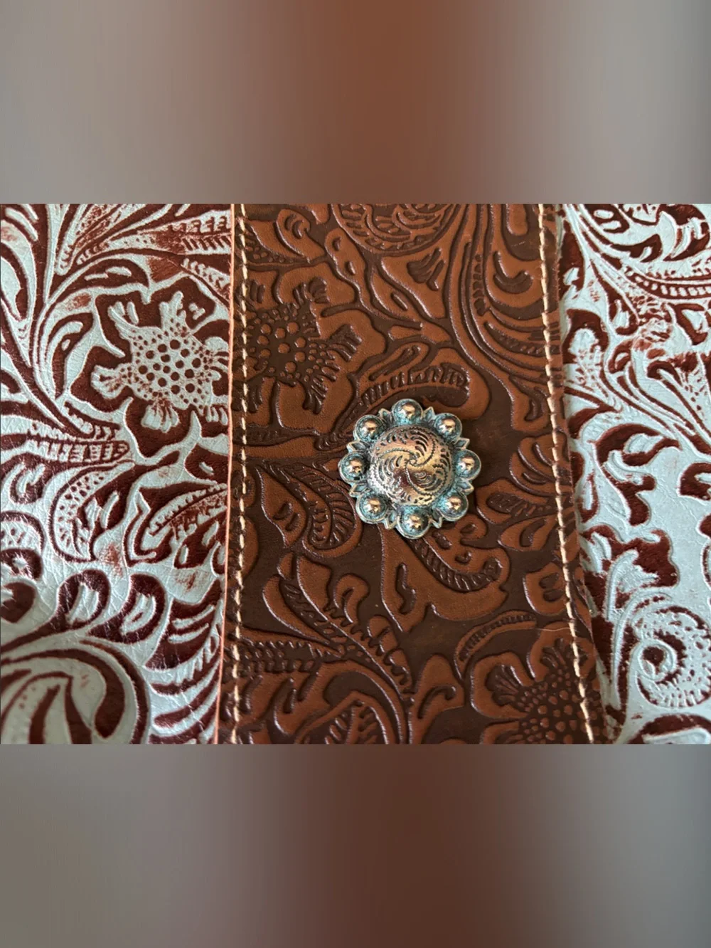 Myra Bag Brown and Light Blue Tooled Leather Wristlet with Turquoise Concho